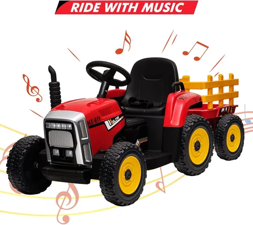 Vista 3 de Tractor eléctrico Nasitip de 12 V con remolque y control remoto Rojo
