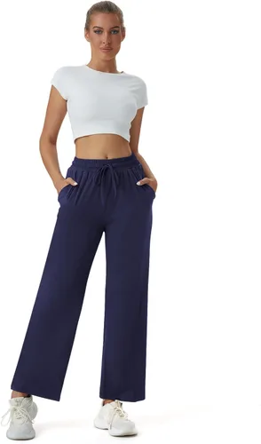 Vista 2 de keriffe Pijamas casuales para mujer, pantalones de yoga de pierna ancha, cintura alta, cordón ajustable, pantalones deportivos de entrenamiento