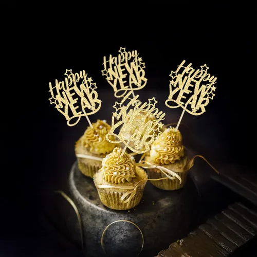 Vista 6 de 24 piezas de adornos para cupcakes de Feliz Año Nuevo 2026 de oro con purpurina, celebra el 2026, adornos de cupcakes para la víspera de Año Nuevo