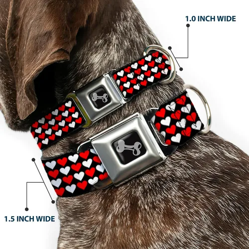 Vista 2 de Buckle-Down Collar de perro con hebilla de cinturón de seguridad, mini corazones, negro, rojo, blanco, 1 pulgada de ancho, se adapta a cuello de 9 a