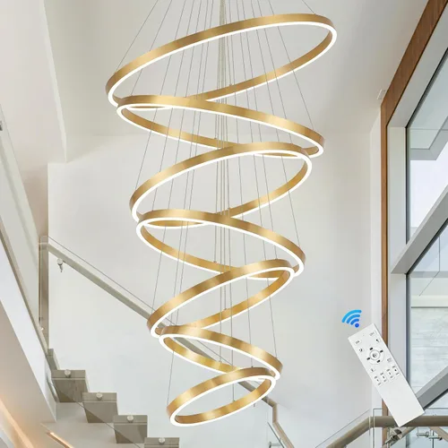 Vista 15 de Candelabro LED Moderno de Techo Alto 5 Anillos Dorados Candelabros Vestíbulo Regulable Accesorio de Luz Colgante de Techo Contemporáneo Candelabro