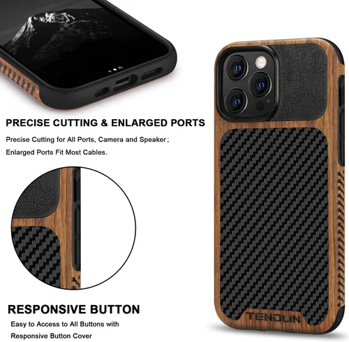 Vista 5 de TENDLIN Compatible con iPhone 13 Pro Max, funda de grano de madera con textura de fibra de carbono, funda híbrida de cuero compatible con iPhone 13