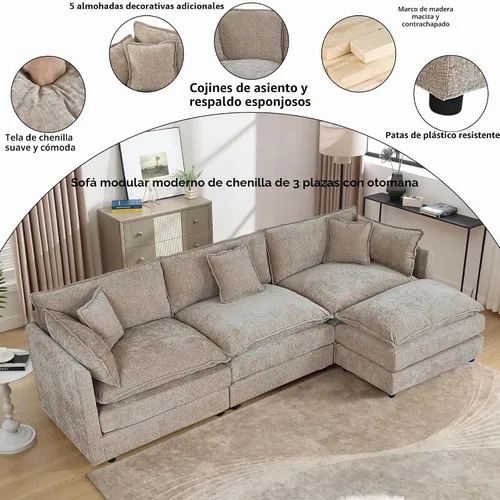 Vista 3 de Setawix Sofá Profundo de 3 Plazas con Otomana, Sofás de Nube en Forma de L de 112.2" para Sala de Estar, Sofá de Nube de Chenilla con Asiento Café