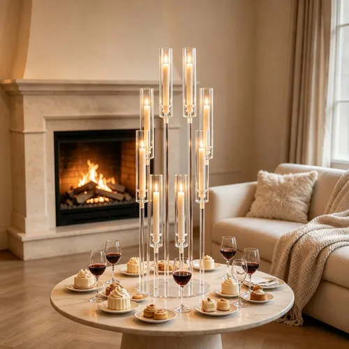 Vista 7 de Portavelas transparentes de 8 brazos para decoración de boda, candelabro alto de acrílico con pantalla para eventos del día de San Valentín, fiesta