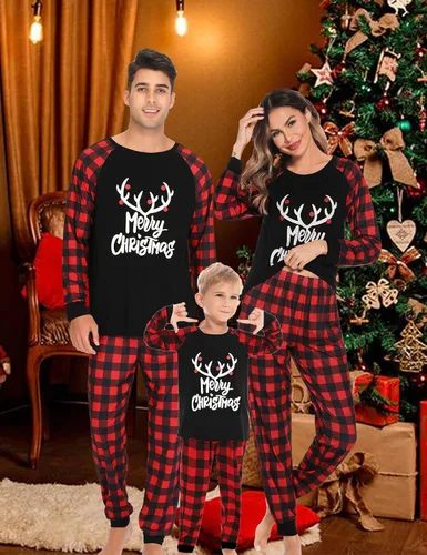 Vista 2 de SWOMOG Pijamas de Navidad familiares a juego, pijamas de Navidad para familia, parejas, adolescentes, niños, niñas, festival de ropa de dormir