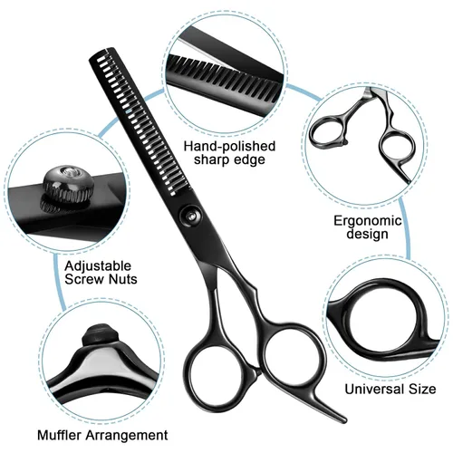 Vista 5 de Juego de 11 tijeras profesionales para el cabello, suministros de peluquería de acero inoxidable, incluyendo tijeras rectas, tijeras para adelgazar
