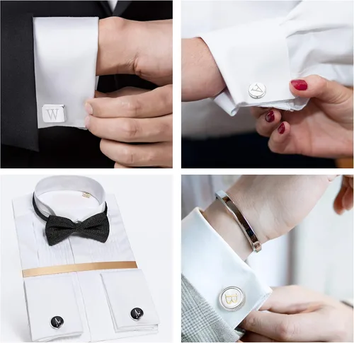 Vista 7 de LOYALLOOK 4 pares de gemelos con inicial para hombre, diseño de letras, diseño de alfabeto, para negocios, boda, día del padre