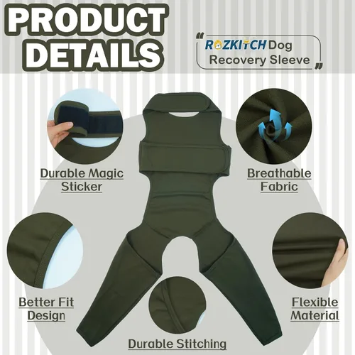 Vista 6 de ROZKITCH Manga para Perro para Patas Traseras, Manga para Mascotas para Evitar que el Perro Lame Heridas, Protector de Codo, Traje de Recuperación