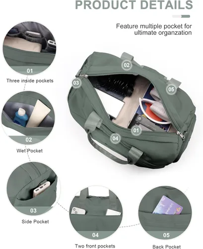 Vista 4 de Bolsa de gimnasio para mujer, bolsa de mano para fin de semana, bolsas de viaje para hombres con funda para carrito, A3-Verde ejército, Campañas