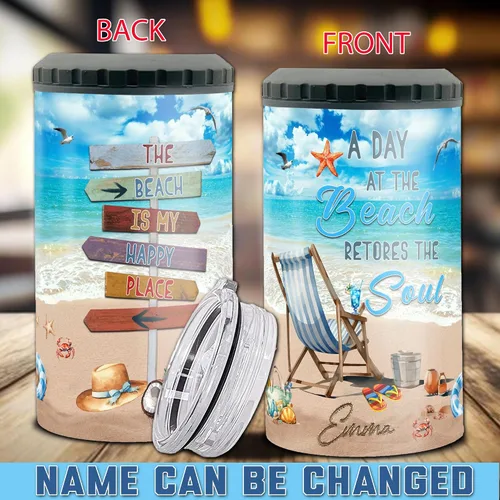Vista 2 de Dorris A Day At The Beach Restore The Soul Can - Vaso enfriador de latas con nombre personalizado 4 en 1 con aislamiento de 16 onzas con tapa, Playa
