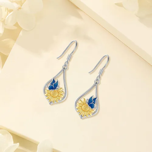Vista 9 de Aretes colgantes de plata de ley con diseño de árbol de la vida, flor, abeja, animales, gato, colibrí, piedra lunar, turquesa, aretes con cierre