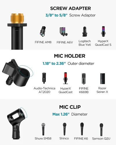 Vista 6 de InnoGear Soporte de micrófono, altura máxima de 82.28 pulgadas, soporte de micrófono de piso con brazo desmontable y base con peso para Blue Yeti