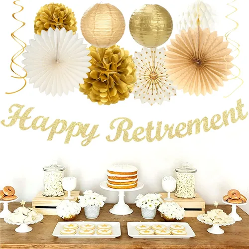 Vista 7 de Beige-Gold Happy Retirement Party Decorations Banner Women Men Huglony 21pcs Retiree Farewell Banner,Streamers,Paper Lanterns,Pom Poms Fans,Work
