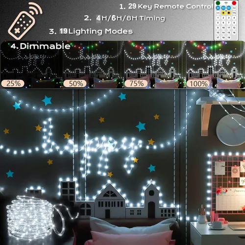 Vista 5 de Nuevas luces de cuerda solares mejoradas para exteriores, impermeables, 32m, 300 LED, luces de tira solares con control remoto, temporizador