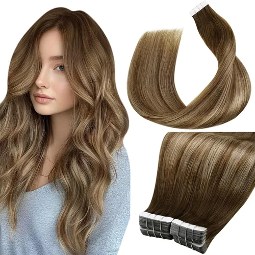 Vista 41 de LaaVoo Extensiones adhesivas de cabello humano real, color negro azabache, extensiones de cabello humano liso y sedoso, 10 pulgadas, 20