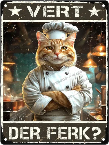 Vista 37 de Cartel de metal divertido vintage con diseño de gato de cocina con texto en inglés «Cat Never Trust A Skinny Cook», póster de metal para el hogar