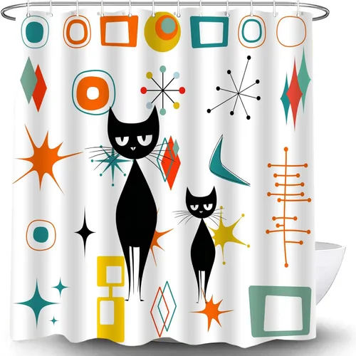 Vista 5 de Mid Century Atomic Cat Modern Shower Curtain Abstract Geometric Teal Orange Yellow Black Cat Retro 50S White Fabric Bathroom Curtain Set with Hook