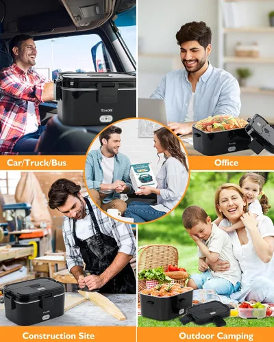 Vista 6 de Eocolz Fiambrera eléctrica calentador de alimentos de 100 W, calentador de alimentos con doble contenedor, 1.8 L, lonchera portátil con calefacción