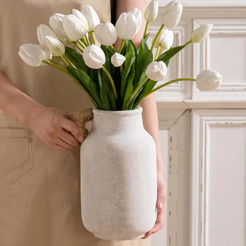 Vista 20 de Florero Grande para Decoración del Hogar - Jarrones de Mesa Rústicos de Granja de Cerámica de 12 Pulgadas de Alto con Asa, Decoración de Sala