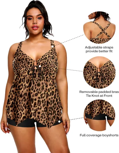 Vista 2 de Holipick Traje de baño tankini de dos piezas con pantalones cortos para mujer, con control de abdomen