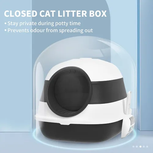 Vista 5 de PawHut Caja de arena para gatos, cubierta, lados altos, ambientador, entrada bidireccional, plegable, fácil de limpiar, blanco y negro