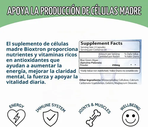 Vista 5 de Bioxtron Suplemento Natural de Células Madre en Cápsulas - Algas Azules y Verdes, Espirulina, Apoyo Energético - 60 Cápsulas
