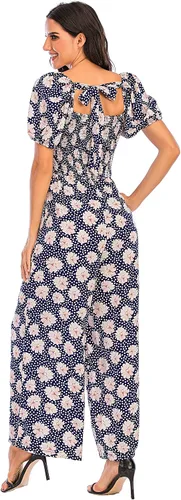 Vista 5 de Jumpsuit de verano con manga de farol floral para mujer cintura alta pantalones de pierna ancha casual holgado fruncido