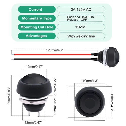 Vista 2 de Twidec /6 unids interruptor de botón momentáneo de 0.472 in agujero de montaje de 1/2 "encendido apagado mini redondo impermeable negro con cables