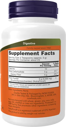 Vista 2 de NOW NutraFlora FOS (Fructooligosacáridos) Polvo puro, fibra prebiótica, 4 onzas