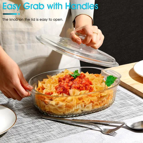 Vista 5 de NUTRIUPS Cacerola de vidrio ovalada de 1.9QT con tapa de vidrio, vidrio borosilicato, cacerola ovalada para horno, plato de hornear con tapa