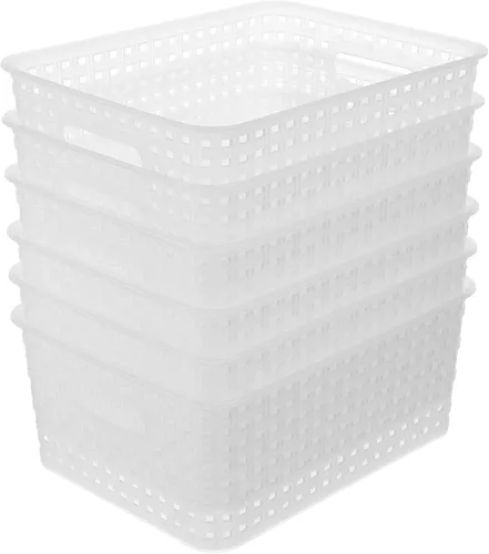 Vista 9 de Cestas de almacenamiento tejidas de plástico negro, paquete de 6 cestas de tejido organizador para cocina, oficina, baño