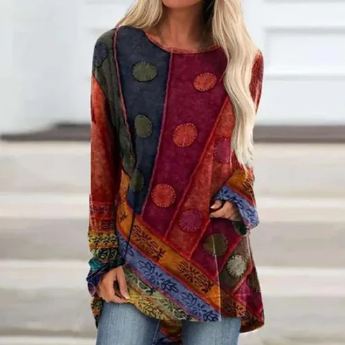 Vista 2 de Túnica de manga larga para mujer, camisetas de ajuste holgado con gráficos étnicos 2024, ropa de moda de otoño