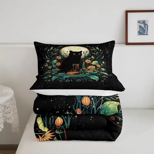 Vista 4 de Castle Fairy Juego de edredón con diseño de gato lindo para niños, tamaño twin, juego de ropa de cama con hojas de flores, luna, noche y cielo