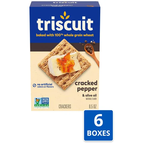 Vista 4 de Triscuit galletas de trigo integral de grano entero con sabor a pimienta negra molida y aceite de oliva, 6 cajas de 8.5 onzas cada una Lunch