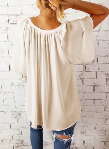 Vista 2 de SHEWIN Blusa casual de gasa con cuello en V para mujer, holgada, manga 34, plisada, holgada