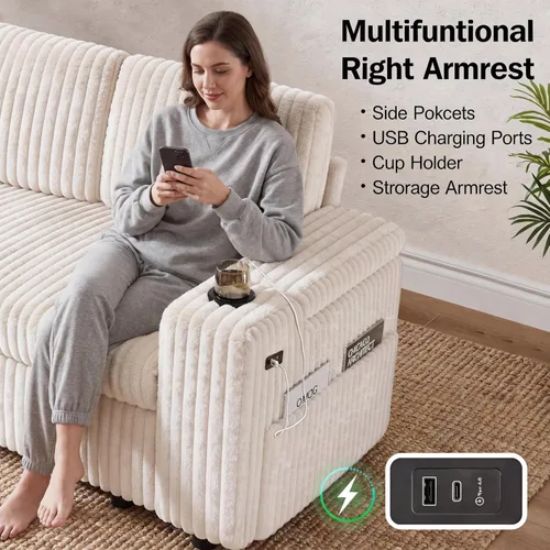 Vista 9 de WEUP Sofá cama modular de 111 pulgadas con cama extraíble, sofá de pana de felpa en forma de L de 7 asientos con diván de almacenamiento, puertos