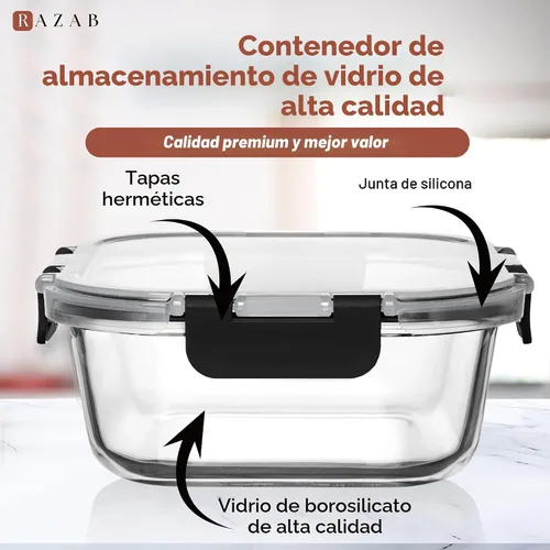 Vista 5 de Razab 2 recipientes de vidrio de almacenamiento de alimentos de 41 onzas con tapas, herméticos y a prueba de fugas, aptos para microondas