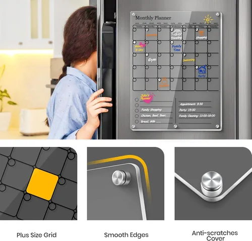 Vista 2 de Calendario magnético para refrigerador, calendario acrílico grueso para refrigerador con imanes fuertes, pizarra blanca transparente de borrado