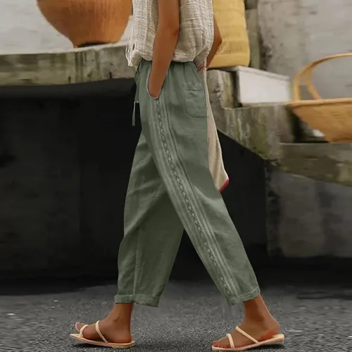 Vista 2 de longantii Pantalones deportivos para mujer, accesorios de yoga, pantalones holgados con borde de encaje, color sólido, pantalones casuales retro