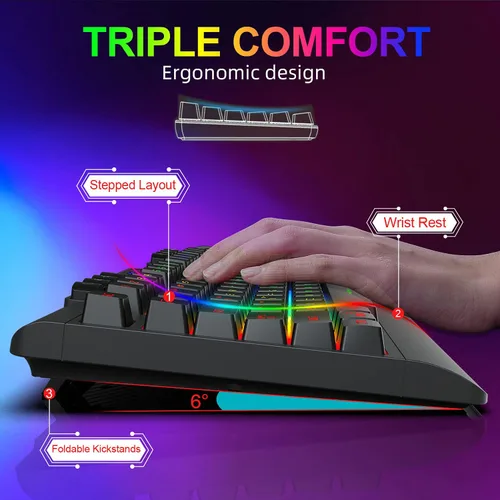 Vista 7 de Combo de teclado y mouse inalámbricos para juegos con retroiluminación LED arco iris, batería recargable de 4000 mAh, mecánica, ergonómica
