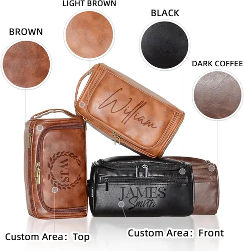 Vista 4 de Xpanrous Neceser personalizado para hombre – Kit de piel sintética grabada con nombre o iniciales personalizados, bolsa de afeitar de viaje hecha a