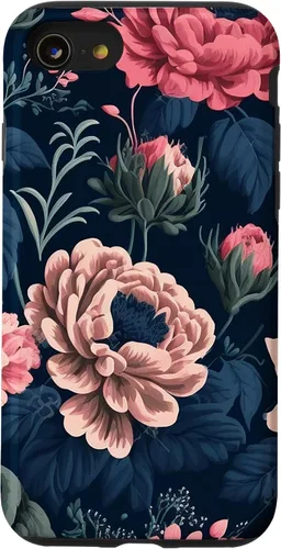 Vista 13 de Funda de follaje botánico para iPhone 15 con diseño floral azul marino y rosa