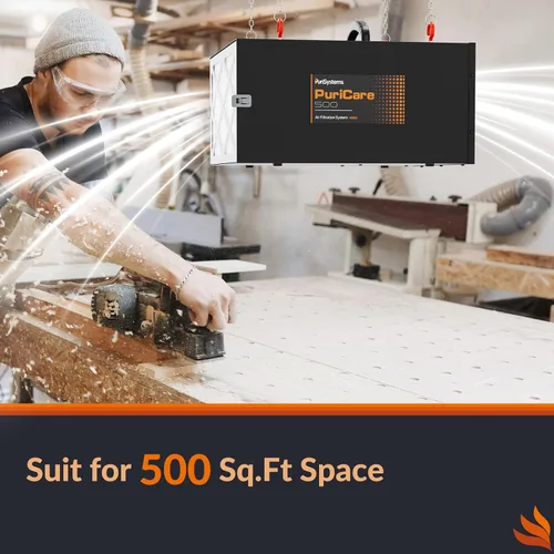 Vista 7 de Sistema de filtración de aire remoto de 3 velocidades PURISYSTEMS, filtro de aire colgante PuriCare 500 con control remoto RF para carpintería