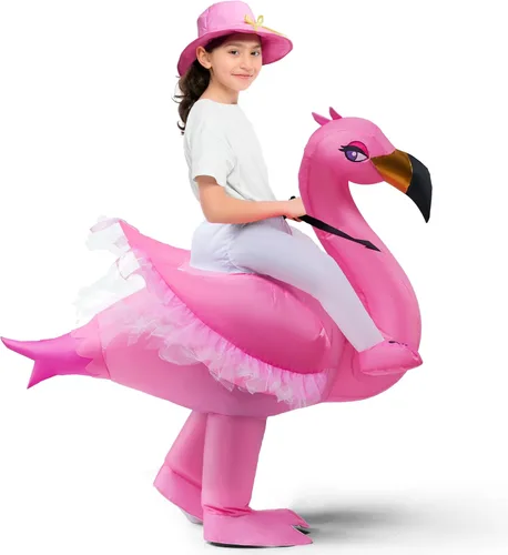 Vista 3 de Spooktacular Creations Disfraz inflable para niños, color rosa montando un elegante flamenco, disfraz de flamenco para Halloween, divertido traje