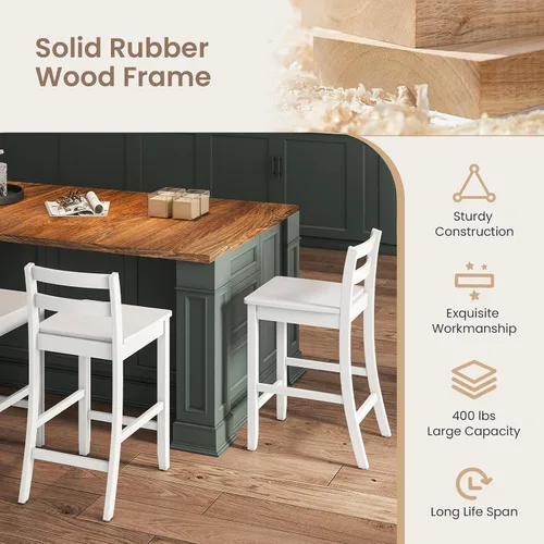 Vista 5 de COSTWAY Juego de 2 taburetes de bar de madera, taburetes de altura de mostrador de 24 pulgadas con respaldo ergonómico y reposapiés, sillas de Blanco