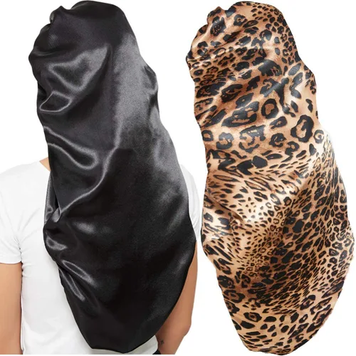 Vista 9 de Wbfwbb - Gorro de seda para mujer, 2 unidades, satén, banda elástica suave, gorro de dormir sedoso, gorro grande para trenzas Negro + Verde