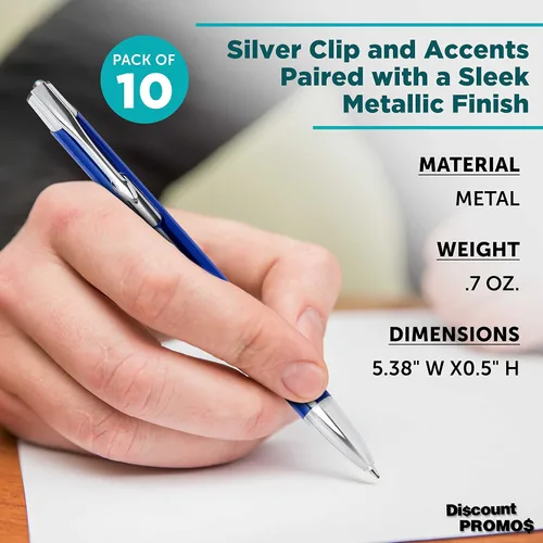 Vista 4 de DISCOUNT PROMOS Juego de 10 bolígrafos de aluminio personalizados, paquete a granel personalizado, tinta negra, ideal para oficina, escuela