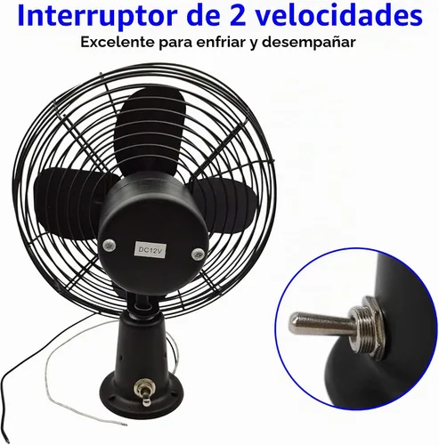 Vista 5 de Ventilador de metal resistente de 12 V, aspas de ventilador de 8 pulgadas con acabado negro e interruptor de 2 velocidades, ventilador eléctrico