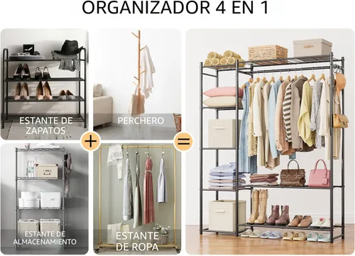 Vista 6 de Guardarropa con armario, estante portátil para ropa con 4 estantes, organizadores de armario independientes y sistema de almacenamiento con varillas