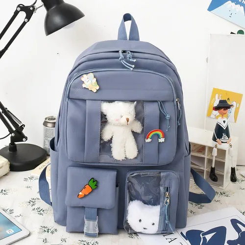 Vista 8 de Juego de 5 mochilas kawaii para niñas con bonitos accesorios de oso, suministros escolares, bolsas para bolígrafos, bolsa de hombro, azul (03-Blue)